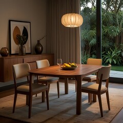 A warm and inviting dining room is illuminated by a unique pendant light made of natural material hanging above a rectangular wooden table. The table is set with a fruit bowl and is surrounded by mode