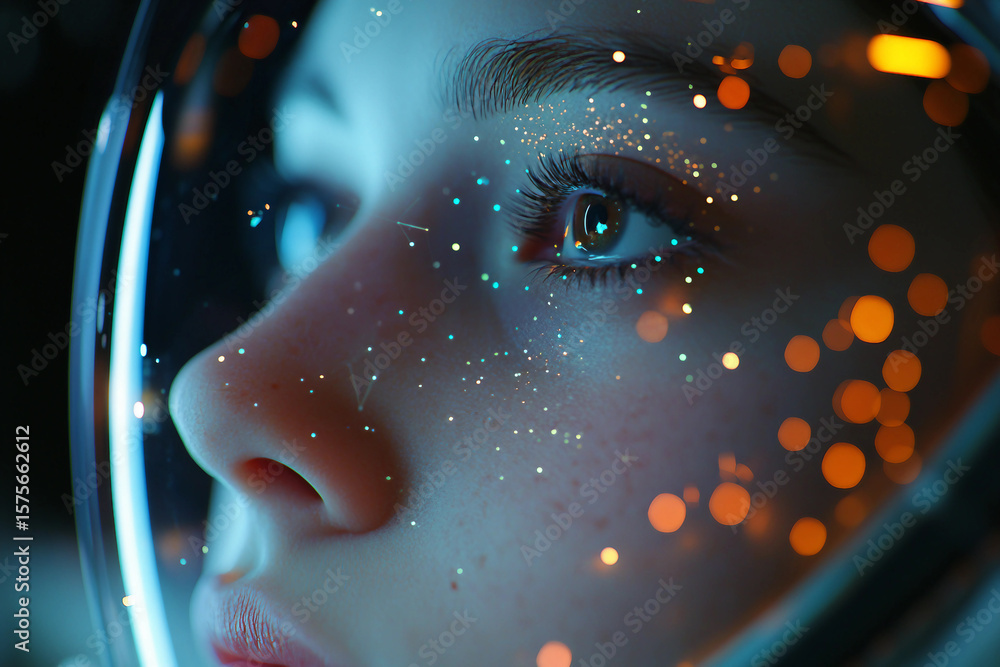 Poster scientist working with telescope during astronomy and space research project at night using generati