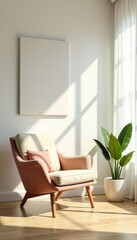 Bright sunlit room, comfy chair, empty wall banners, light, home, bright