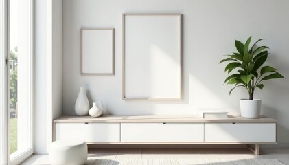 Bright white living room, minimalist decor, empty frames, drawer , clean lines, white walls, mockup