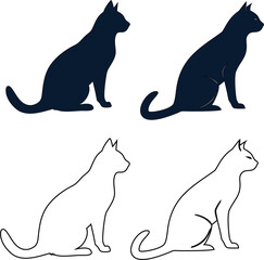 cat silhouette and outline icon set isolated on white background, ideal for logos, prints, and animal-themed designs.