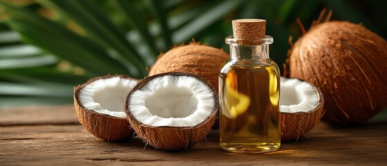 A bottle of coconut oil alongside fresh coconuts on a rustic wooden table with tropical foliage