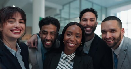 Selfie, laugh and face of business people in office for social media, about us and company website. Corporate, team and portrait of happy men and women for profile picture, staff memory or online POV - Powered by Adobe
