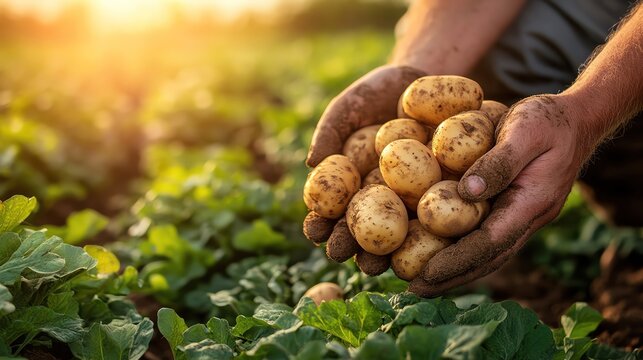 A Closeup of a farmers hands holding freshly harvested potatoes in a sunlit field