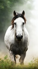 Powerful white horse gallops through misty landscape in soft morning light during a peaceful rural setting