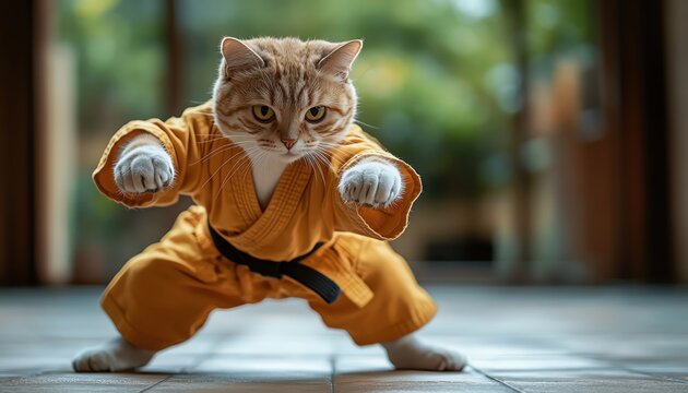 A formidable cat focused and ready in a karate uniform, taking a strong stance and demonstrating martial arts discipline