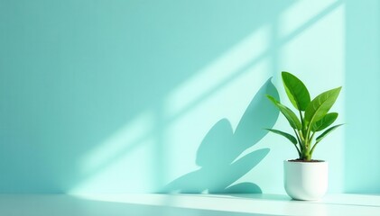 Pastel mint blue wall, sunlight shade, green plant, minimal , simple, clean, minimal