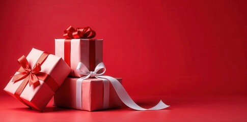 Pile of wrapped gifts, ribbon spools, festive paper, red backdrop , holiday background, season, wrapping paper rolls