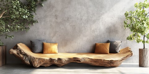 Rustic sofa made from tree root ball and tree trunk decorative column, contributing to minimalist interior design for a modern living room with a concrete wall. Created with, Generative AI
