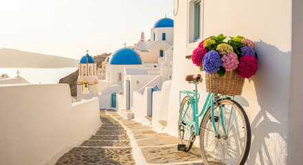 Pastel-colored bicycle with flower basket, parked on sunny Grecian street, showcasing whitewashed buildings and blue-domed churches, evokes idyllic travel and summer vibes