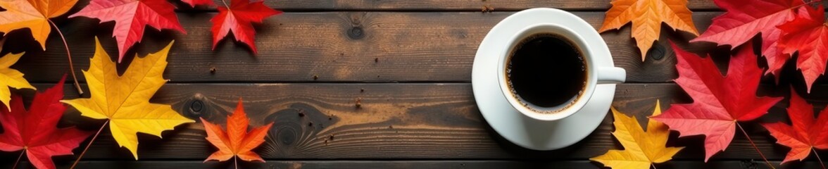 Fototapeta premium Rustic wooden table, black coffee, colorful autumn maple leaves , fall, photography