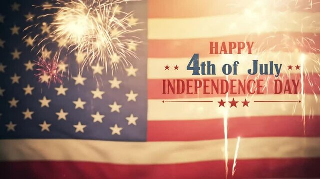 Happy 4th of July Independence Day with Fireworks and American Flag