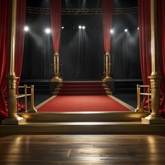 An opulent and formal stage or ceremonial pathway is showcased, featuring a long red carpet leading towards a central structure. The backdrop consists of luxurious deep red velvet curtains, framed by 
