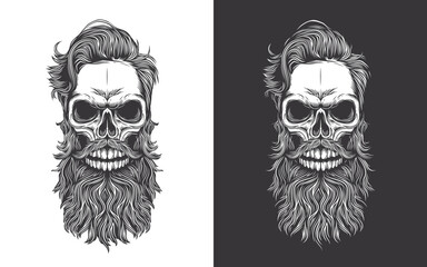 Hipster skull with fashionable hairstyle and long beard. Original vector illustration in vintage style. Perfect for t-shirt prints, posters, tattoos, gothic designs or Halloween themes.