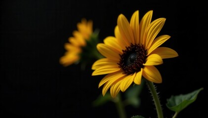 Fototapeta premium Single sunflower, vibrant yellow against stark black backdrop, illustration, plant, black background