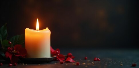 Solitary candle flame glows, dark background, Christmas memorial , vigil, tiny
