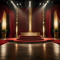 A grand and luxurious stage setting is depicted, featuring opulent deep red velvet curtains drawn back to reveal a majestic central structure. This structure consists of a multi-tiered circular platfo