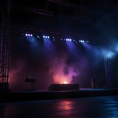 A wide shot of a stage is presented, filled with smoke or haze and illuminated by blue and purple spotlights. The stage features a minimalist setup with a single, brightly lit object or structure on a