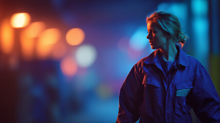 A young woman in a work uniform stands in the neon lights of the city, her head turned to the side, creating an atmosphere of mystery.