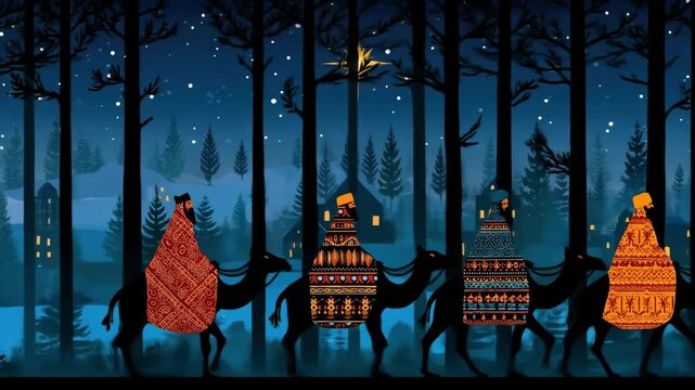 Three Wise Men on camels trek through a starry forest at night, guided by a star to Bethlehem. A Christmas pilgrimage unfolds.