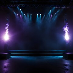 A vibrant and dynamic concert or performance stage is showcased, intensely illuminated by numerous spotlights in shades of white, purple, and pink. Thick plumes of smoke or fog rise from the sides of 
