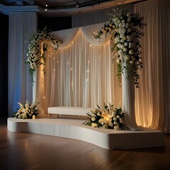 An elegant wedding or ceremonial setup is showcased with a central archway formed by white pillars adorned with flowing sheer drapes and elaborate white and green floral arrangements. The drapes are b