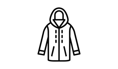 Simple outline illustration of a hooded jacket with a zipper and pockets