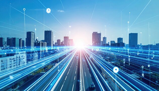 Digital highway through urban landscape