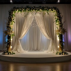 An ornate and inviting wedding or event archway is featured, constructed from white, flowing drapes tied back to reveal a soft, illuminated backdrop. Lush green and white floral arrangements adorn the