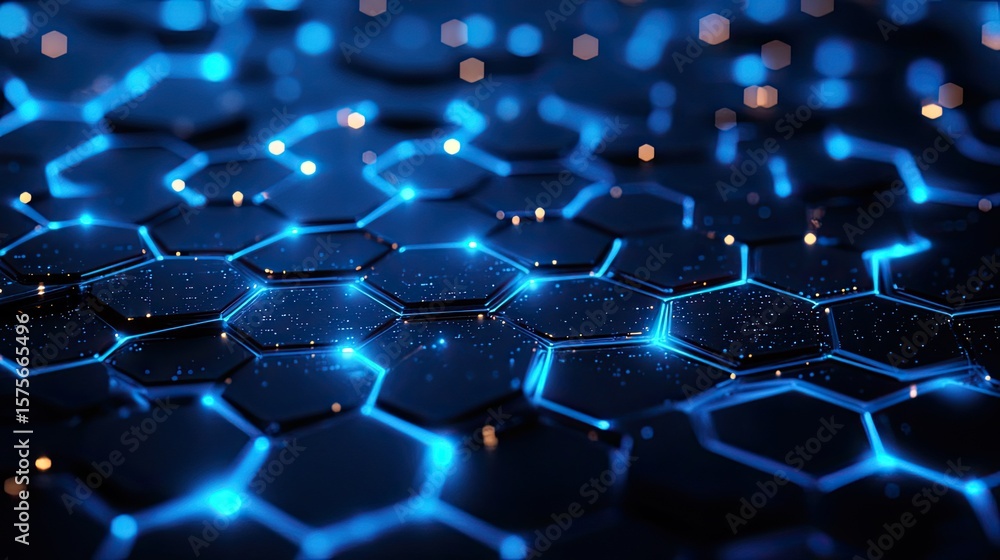 Poster blue hexagonal light structure with futuristic glow for technology design, digital network, and inno