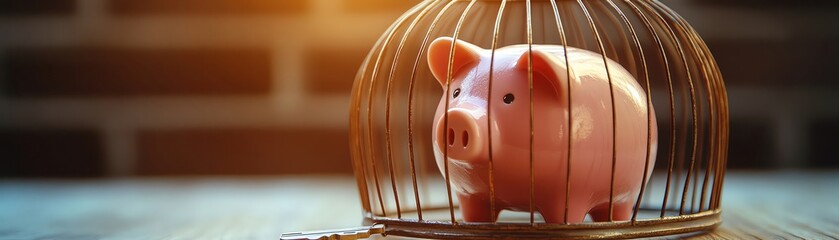 Piggy bank sitting in birdcage with key nearby