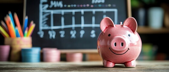 Piggy bank with chalkboard showing savings chart