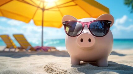 Piggy bank with sunglasses under beach umbrella