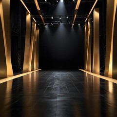 A dramatic and luxurious interior pathway or runway is featured, defined by a series of vertical, illuminated golden pillars or panels on either side. The floor is dark and reflective, mirroring the w