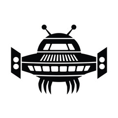 Retro black silhouette of a classic flying saucer alien spaceship with antennae and legs