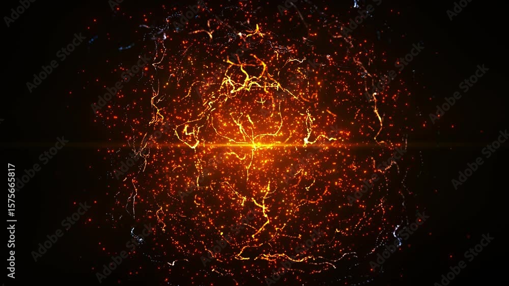 Aufkleber orange and blue glowing particles with electric energy lines pulsate dynamically on a dark backgroun