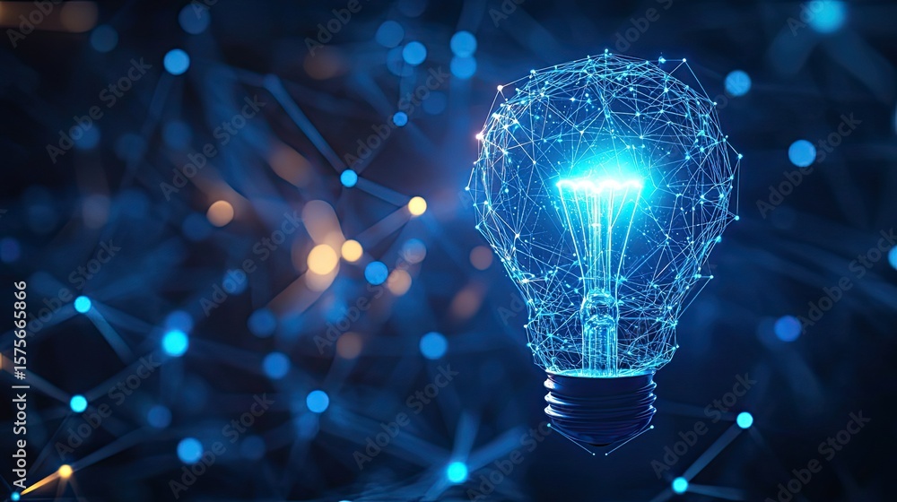 Poster blue light bulb network featuring glowing light bulb icon with connected digital lines representing 
