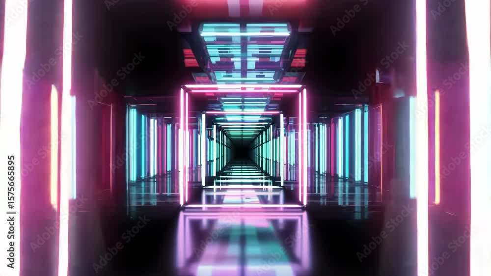 Poster a vibrant tunnel illuminated with neon lights in various colors. the geometric patterns create a fut