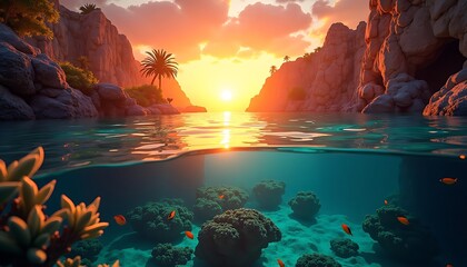 Ocean Scene at Sunset with Coral Reef and Palm Trees