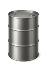 a single shiny metallic steel barrel drum with closed lid, isolated on white background, industrial storage container for oil fuel chemicals, metal drum for manufacturing and transport