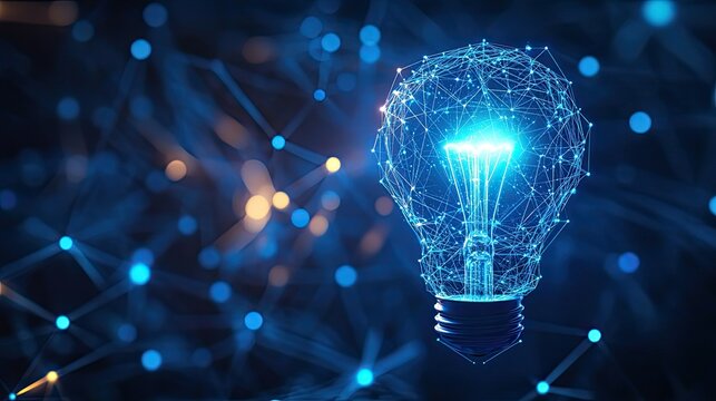 Blue Light Bulb Network featuring glowing light bulb icon with connected digital lines representing ideas and technology innovation