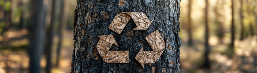 Recycle icon painted on tree bark in forest