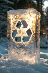 Recycle logo carved into ice block in sunlight
