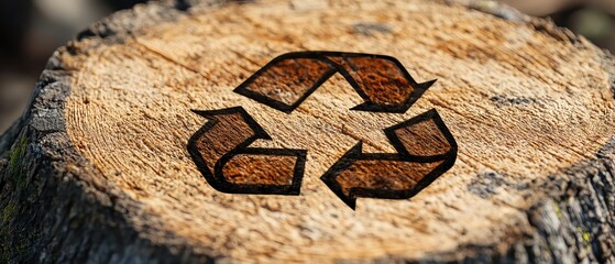 Recycle logo carved into tree stump crosssection