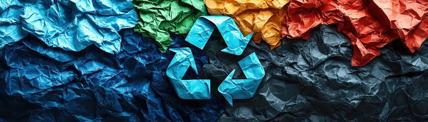 Recycle logo layered in crumpled paper art