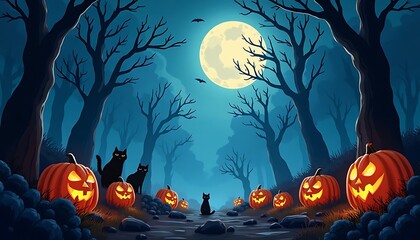 Halloween Night Scene with Pumpkins and Black Cats in Spooky Forest