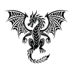 Tribal black dragon with spread wings and sharp claws on white background