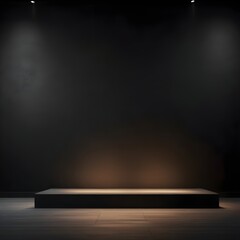 A dark, minimalist room or stage setup is shown with a matte black wall and floor. A low, rectangular platform or stage extends into the foreground, illuminated by subtle, warm light from below, creat