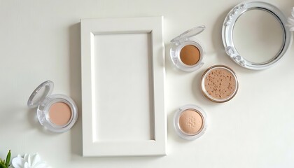 Minimalist Makeup Flat Lay with White Frame on White Background