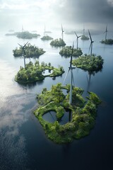 Small island wind farm surrounded by water